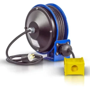 Coxreels Hose Reel 30' Compact Spring Driven Cord Quad Receptacle with 12GA Steel Base