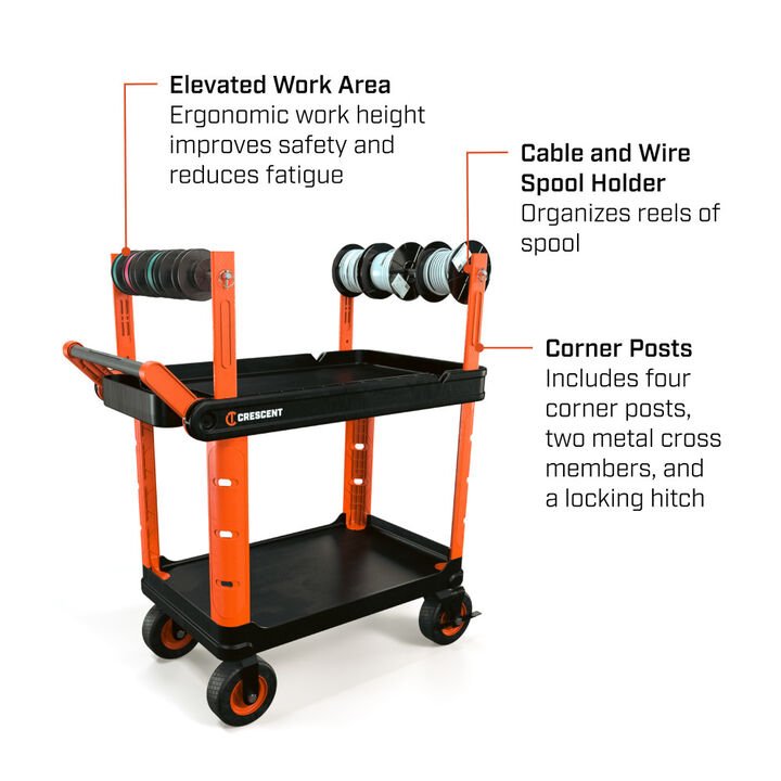 Crescent RAILWORKS 2 Shelf Industrial Utility Cart with 5 Inch Hard Casters and Electrician Wire Spool Corner Posts - Image 3