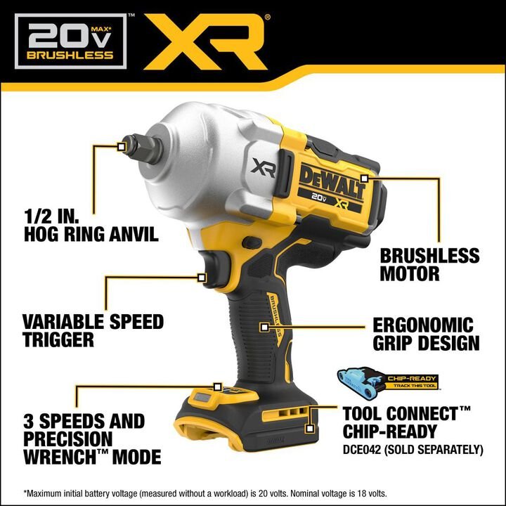 DEWALT 20V MAX XR 1/2 Inch Impact Wrench with Hog Ring (Bare Tool) - Image 2