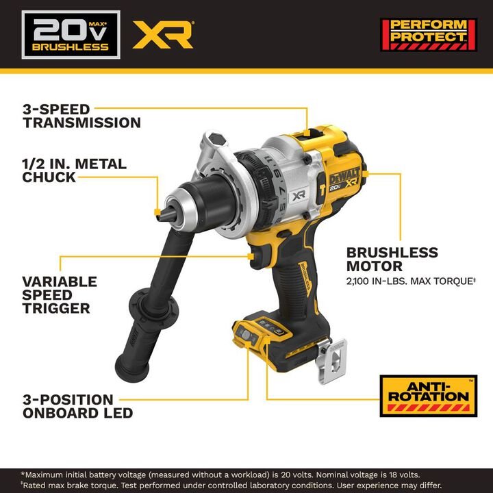 DEWALT 20V MAX XR Brushless Cordless 1/2 Inch Hammer Drill (Bare Tool) - Image 2