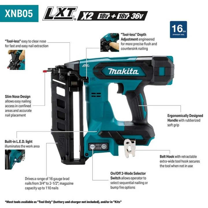 Makita 18V LXT Lithium-Ion Brushless Cordless 2-1/2 Inch Straight Finish Nailer 16 Gauge (Bare Tool) - Image 2