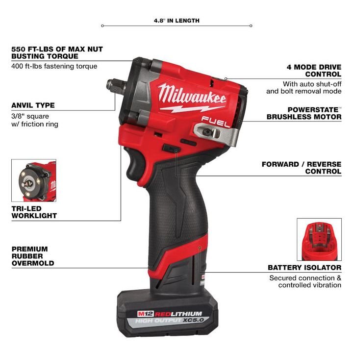 Milwaukee M12 FUEL Stubby 3/8 Inch Impact Wrench Kit - Image 4