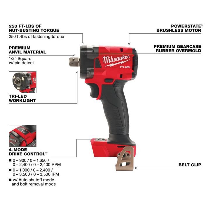 Milwaukee M18 FUEL 1/2 Compact Impact Wrench with Pin Detent (Bare Tool) - Image 2