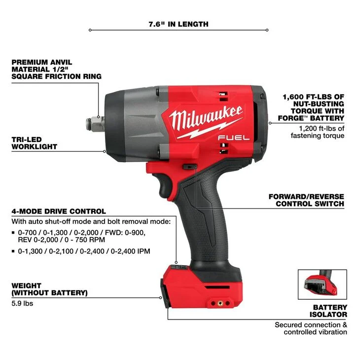 Milwaukee M18 FUEL 1/2 in High Torque Impact Wrench with Friction Ring (Bare Tool) - Image 2